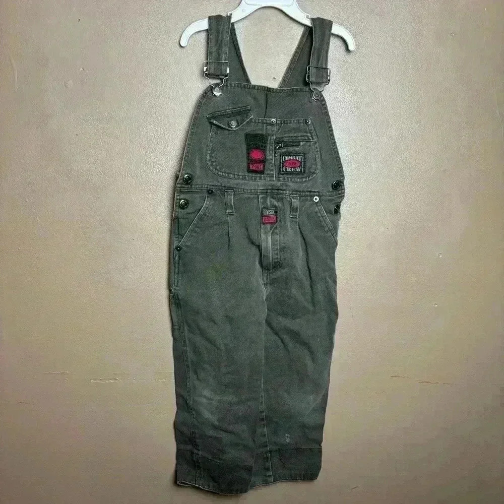 VTG Electric Kids 90s Kids Size 5 Overalls Army Green Combat Crew 100% Cotton - Picture 2 of 11